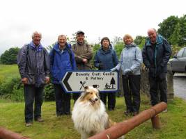 From left, Bruce Alexander, John Ardley, Arthur Griffiths, Isobel Griffiths, Isobel Murdoch, David Murdoch with 'Laird' at front; photograph by Austin Dunn